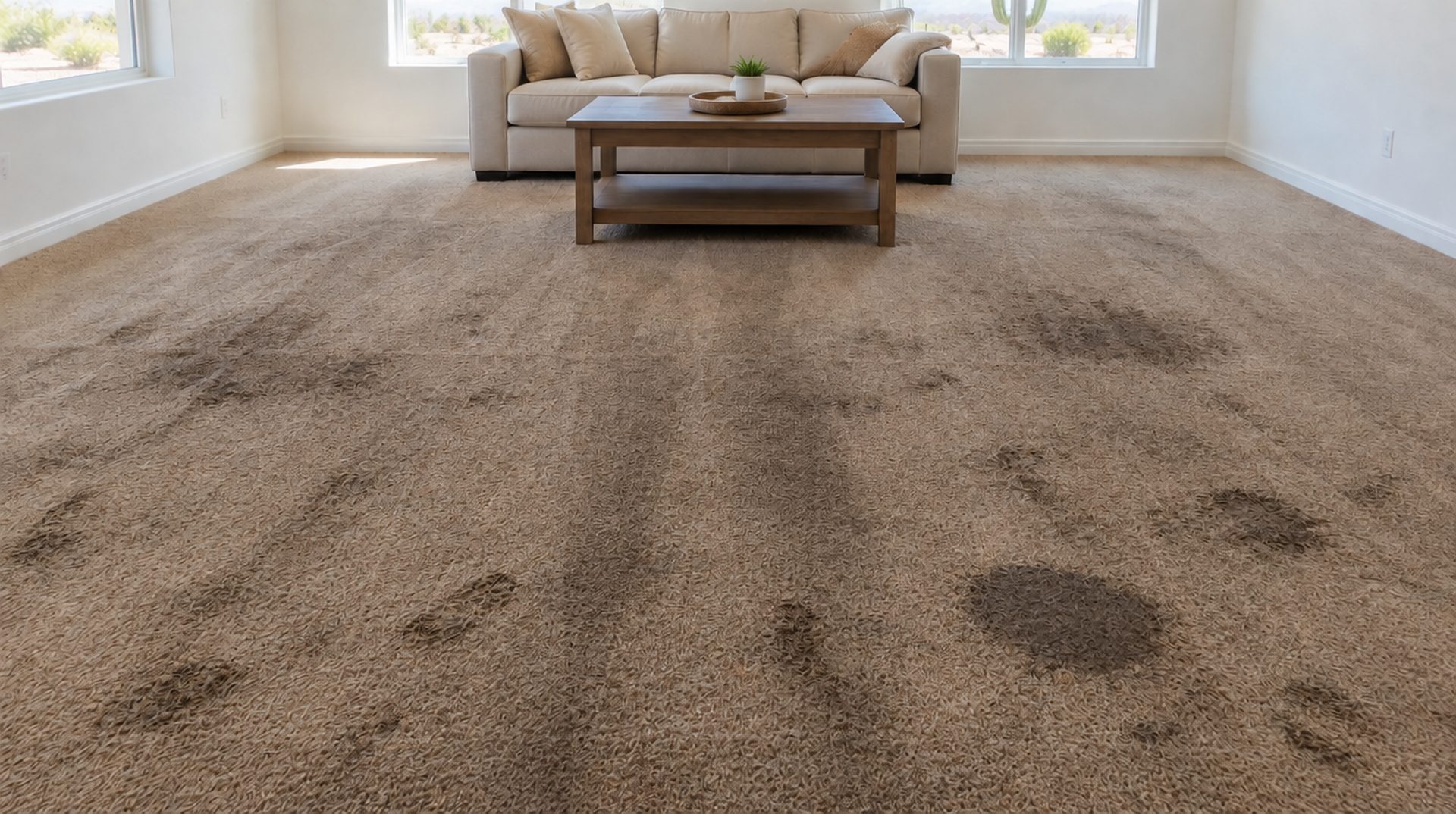 A dirty, stained living room carpet before cleaning